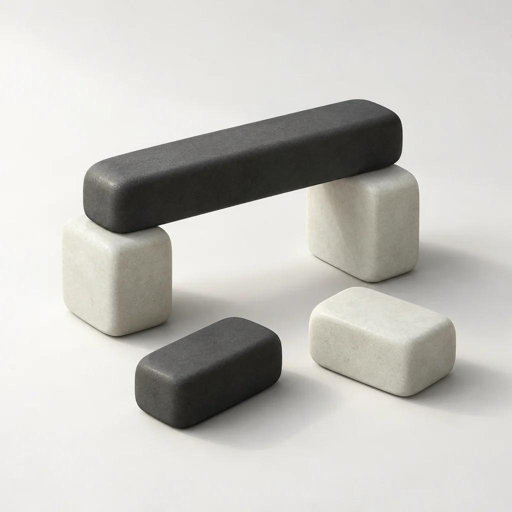 Matte graphite and mineral modules meeting in a simple open construction.